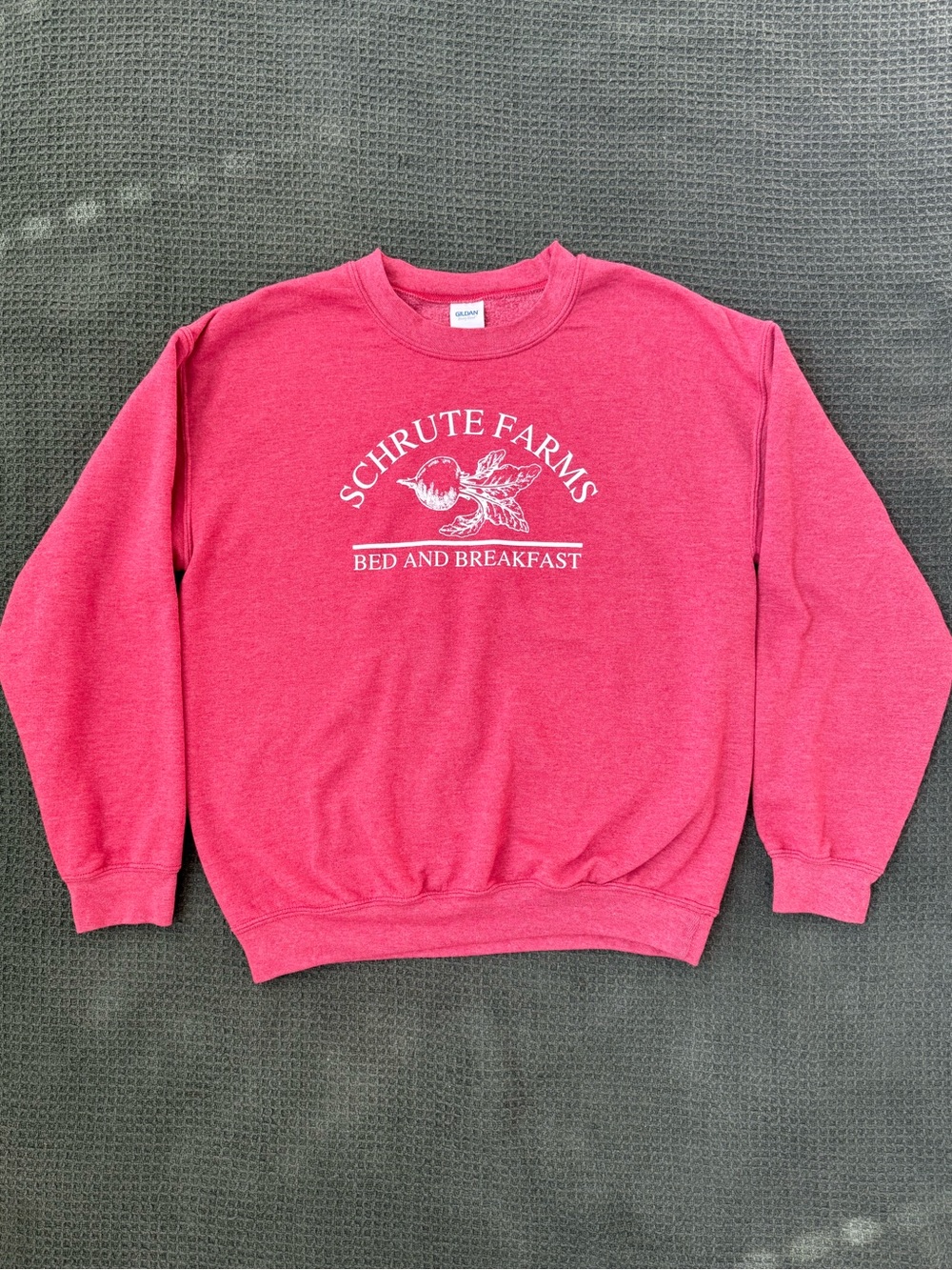 Gildan Red Crewneck Unisex Sweatshirt with Schrute Farms Logo from The Office